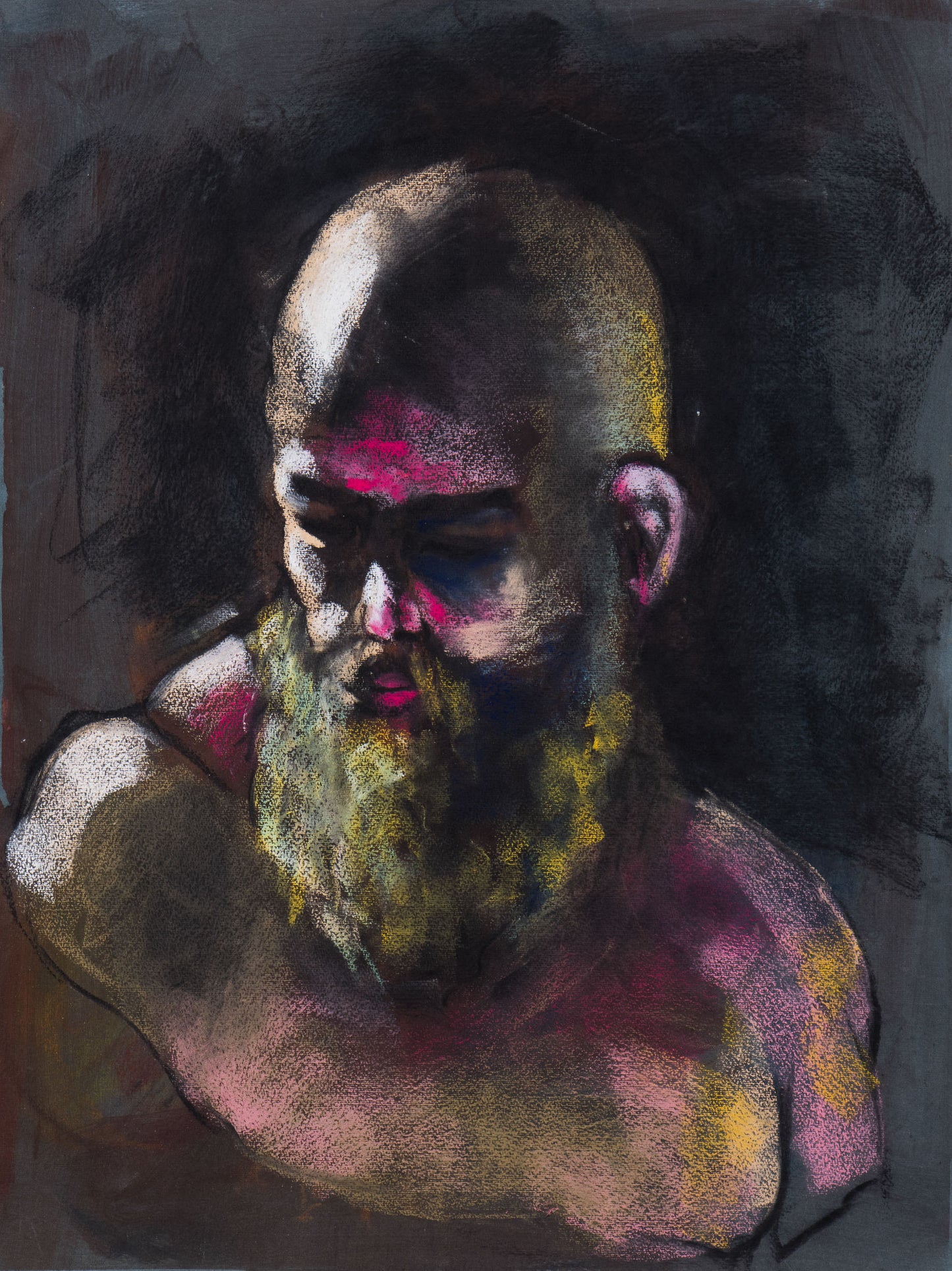 Original pastel portrait of a bowed figure with magenta, yellow, and pale highlights, exploring pressure and quiet endurance.
