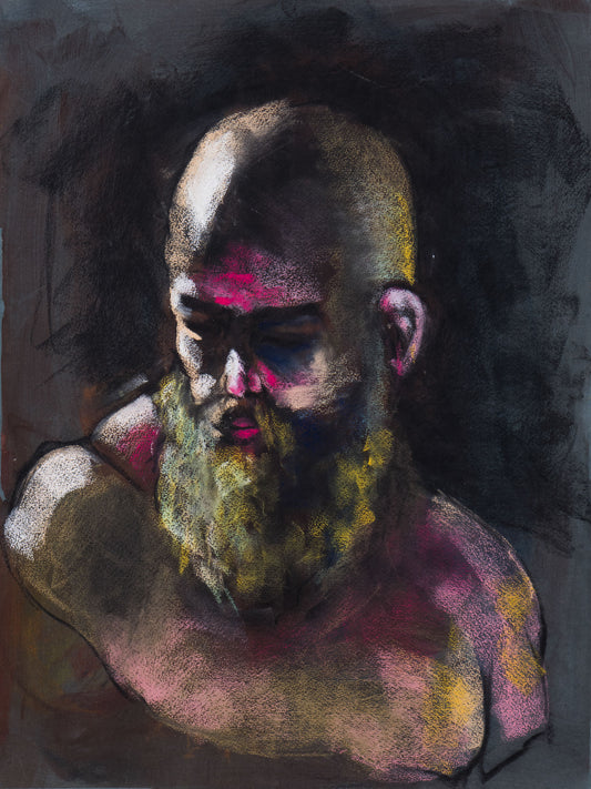 Original pastel portrait of a bowed figure with magenta, yellow, and pale highlights, exploring pressure and quiet endurance.