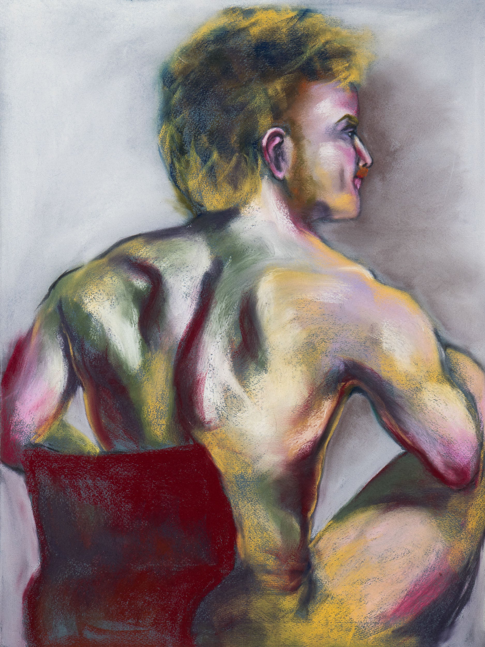 Original pastel drawing of a seated figure with warm red and golden tones, exploring stillness, tension, and inner intensity.