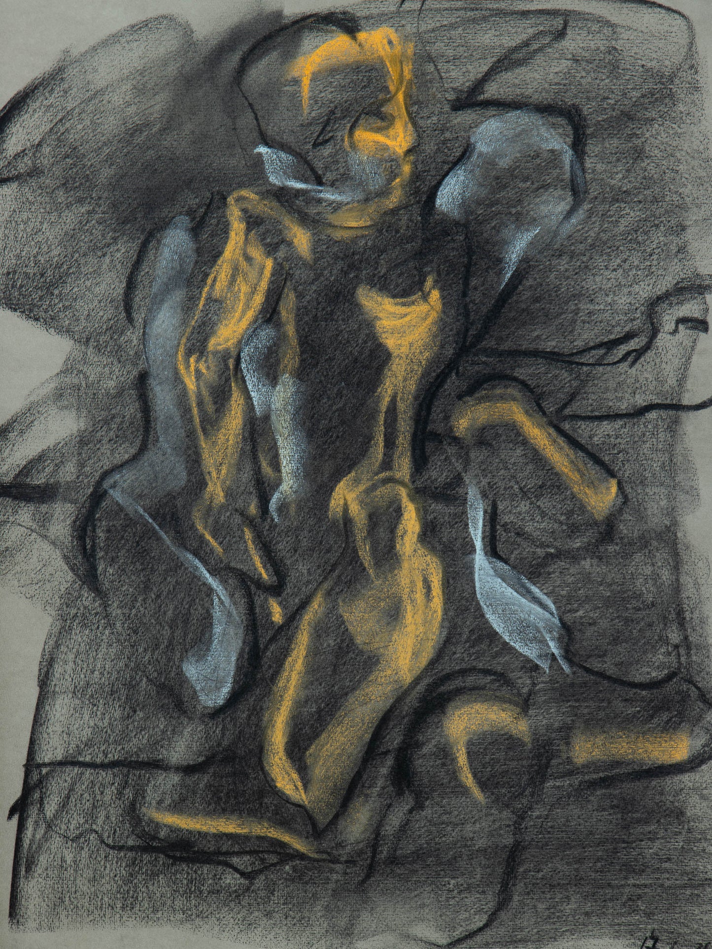 Chanson II, 2026 original live figure drawing by Bogdan Jensen with charcoal shadow and colour from the Berlin performance