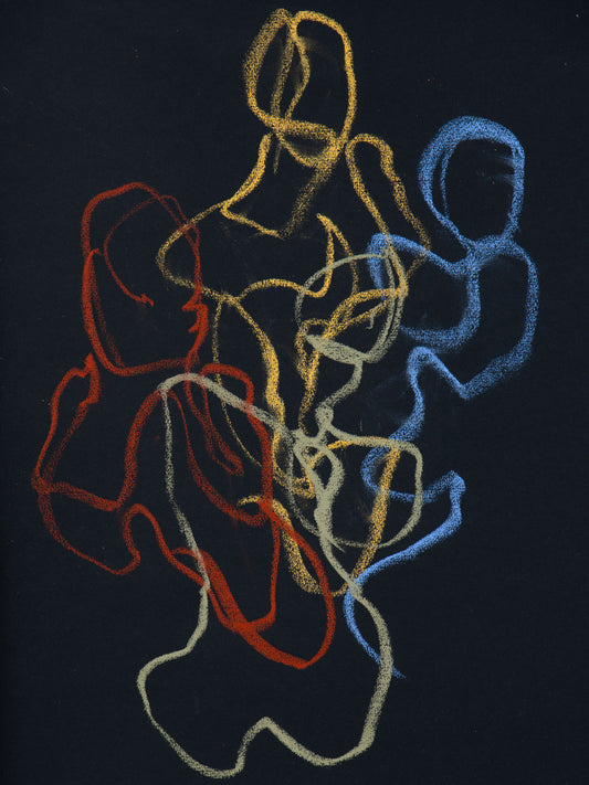 Chanson IV, 2026 original live figure drawing by Bogdan Jensen traced through overlapping coloured lines