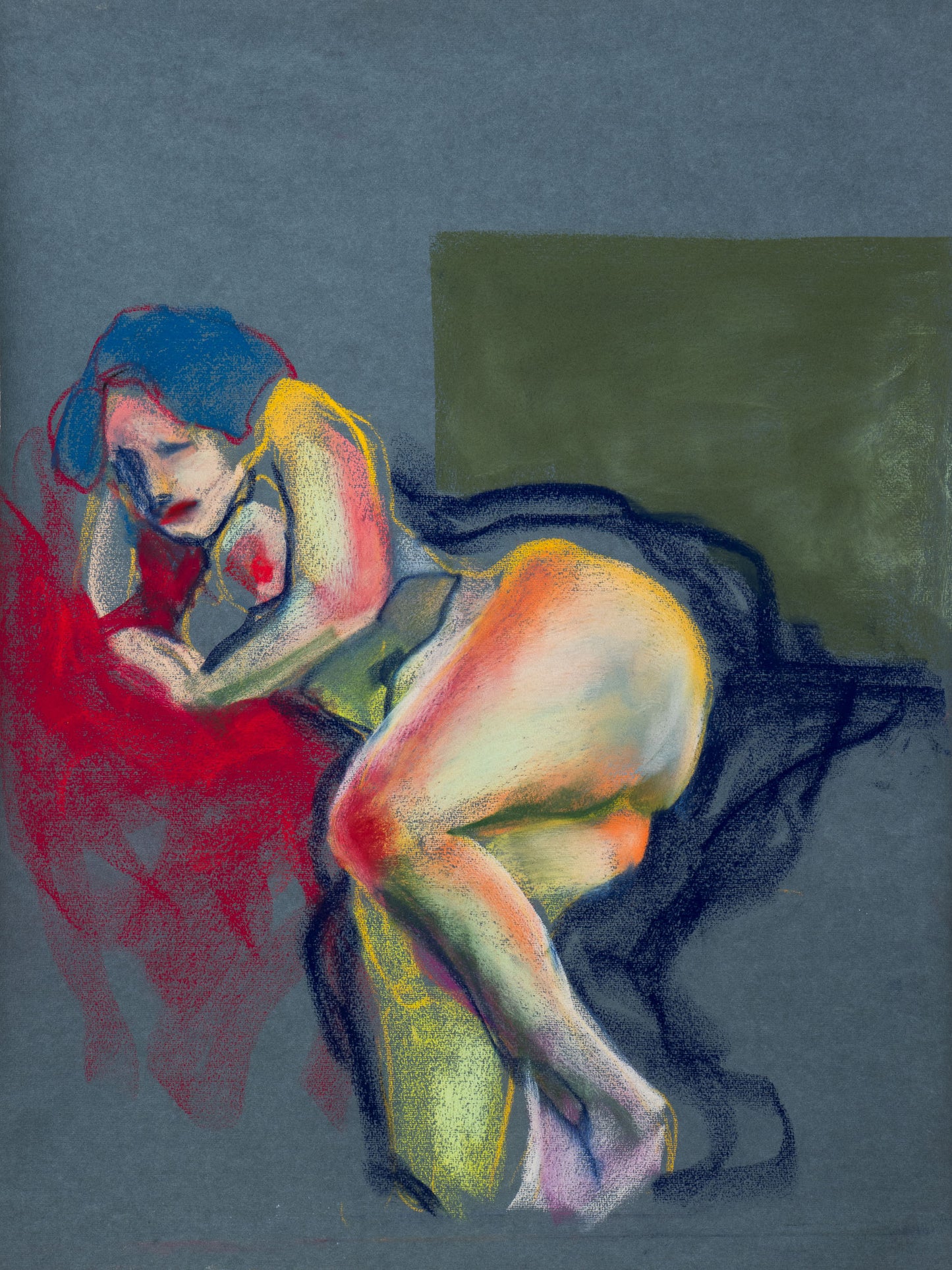 Original pastel drawing of a reclining figure in warm reds, deep blues, and glowing skin tones, exploring solitude and renewal.