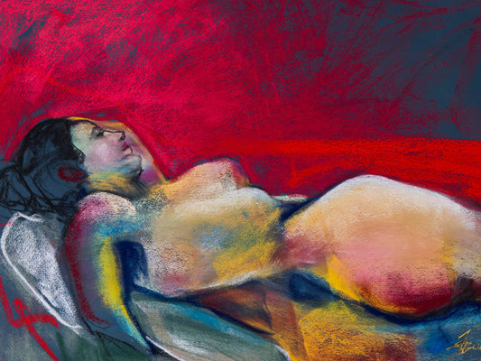 Original pastel drawing of a resting figure in a deep crimson atmosphere, exploring surrender, warmth, and dreamlike intensity.