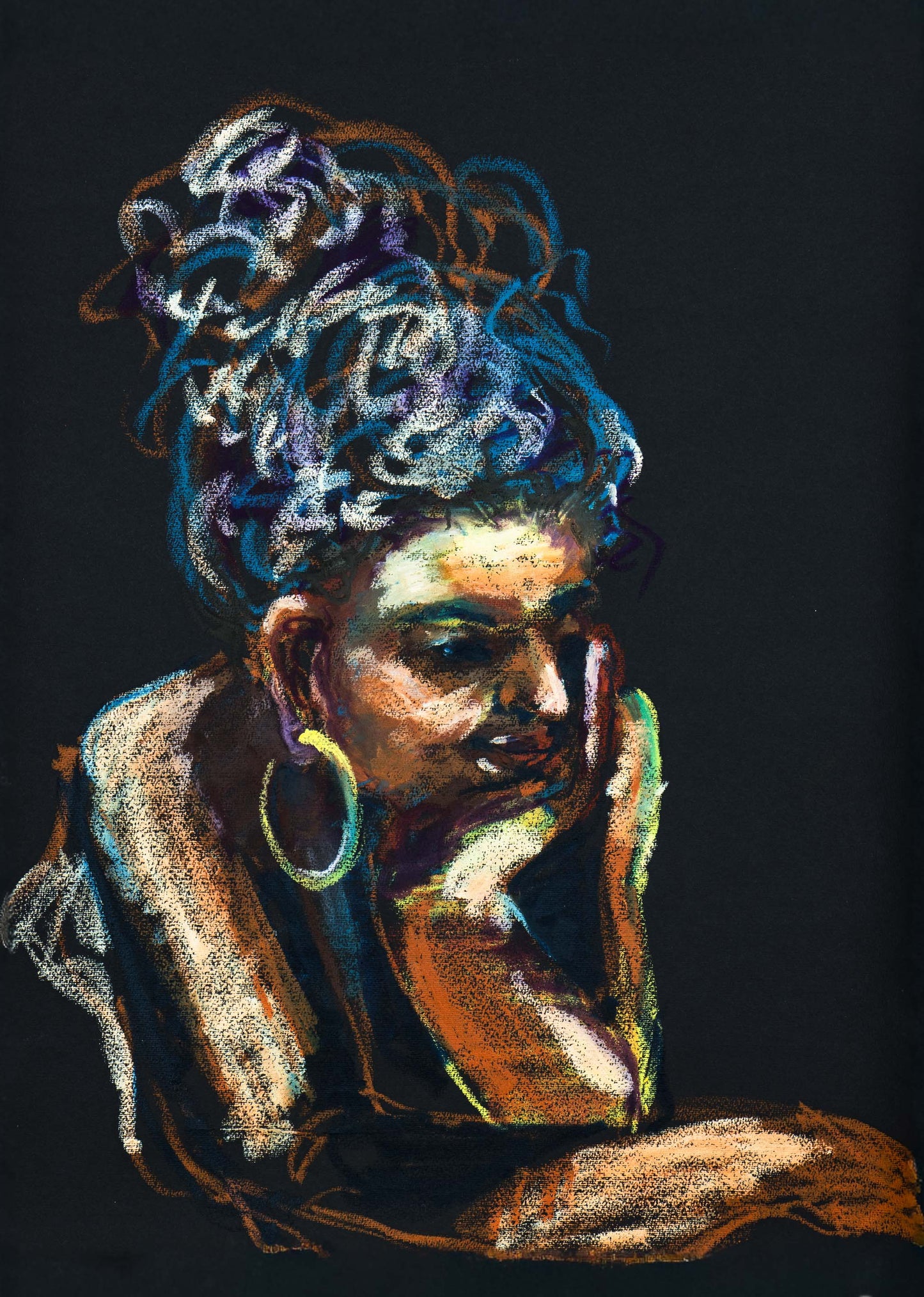 Original oil stick portrait of a figure with hand against face on black paper, surrounded by blue, ochre, and pale marks.