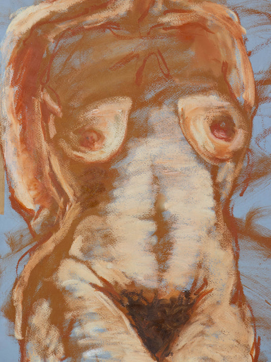 Dancer at Dawn, original oil stick painting of a close cropped torso in warm ochre, cream and pale blue tones.