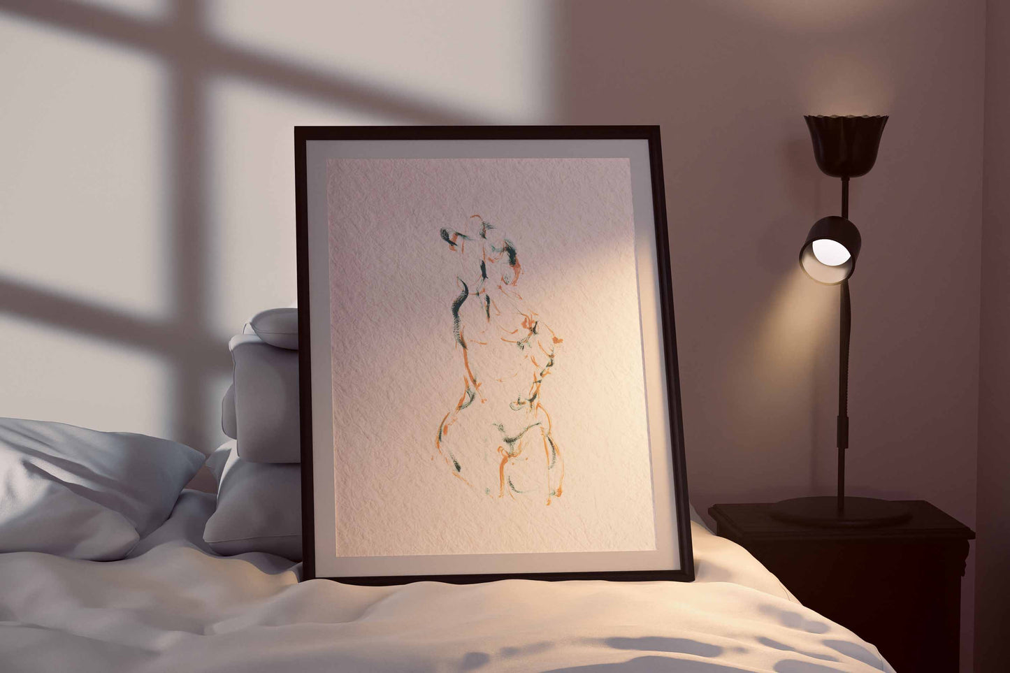 Dancing into Form fine art print by Bogdan Jensen shown framed beside a bed, with the figure formed through loose brown and blue-green lines