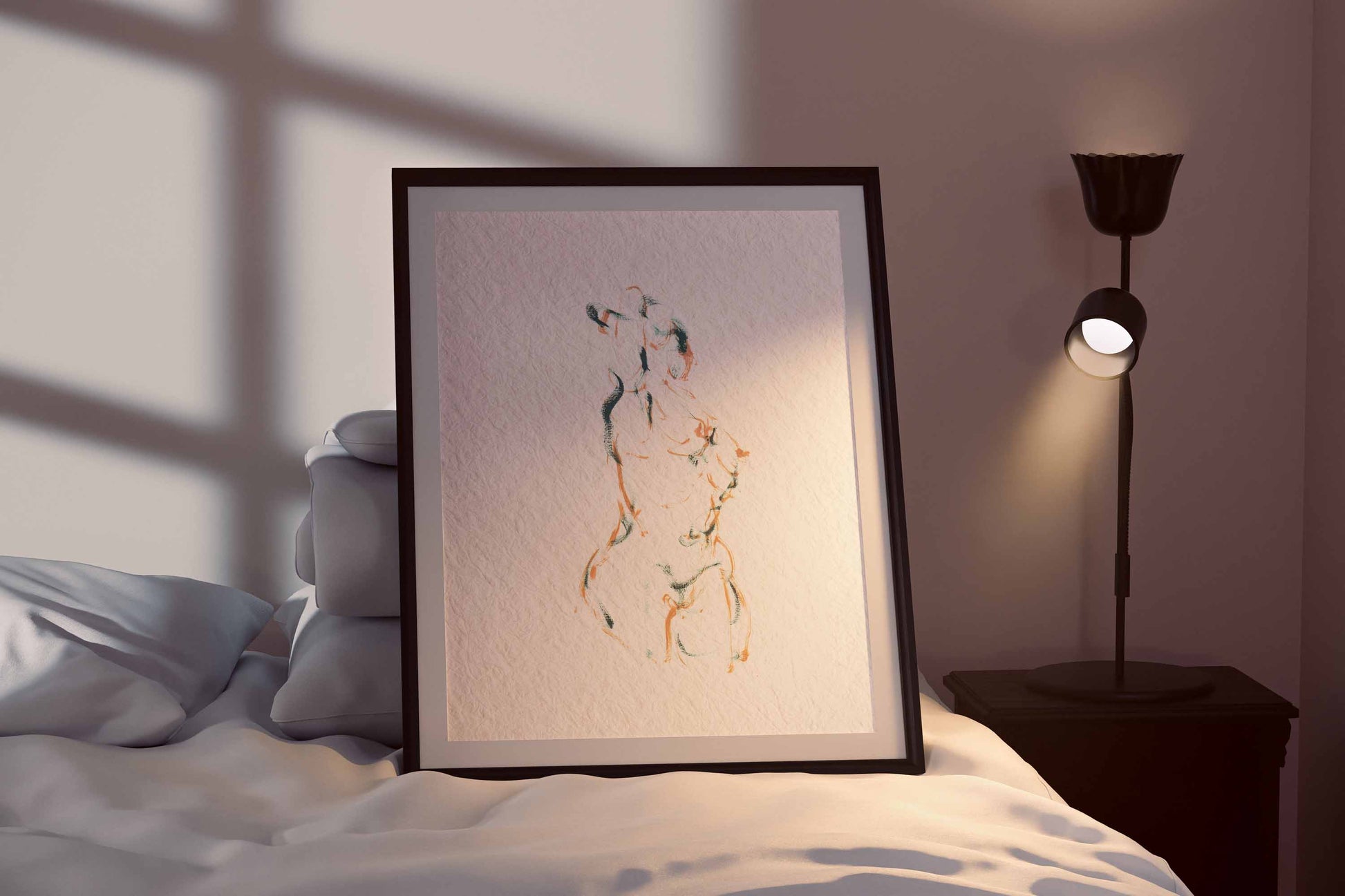 Dancing into Form fine art print by Bogdan Jensen shown framed beside a bed, with the figure formed through loose brown and blue-green lines