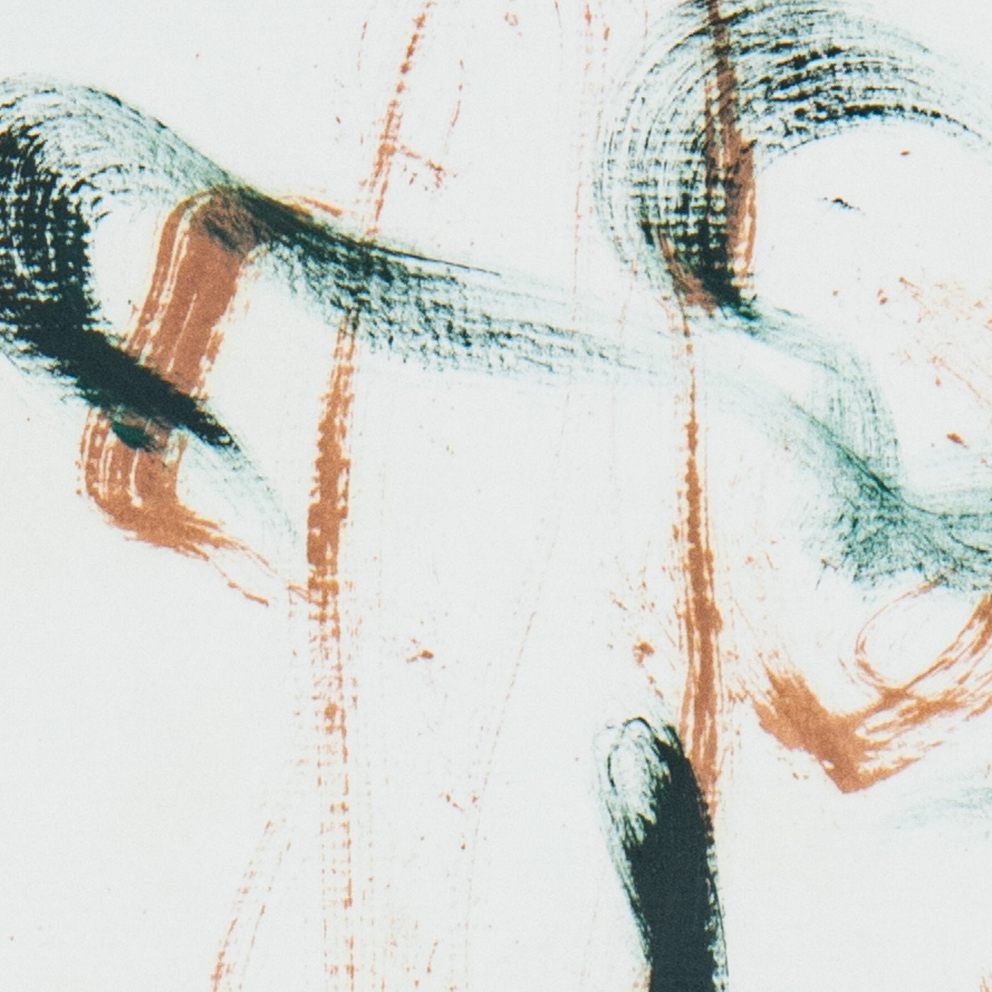 Close-up of Dancing into Form fine art print by Bogdan Jensen showing delicate line texture, brown and blue-green marks, and the movement of the figure drawing
