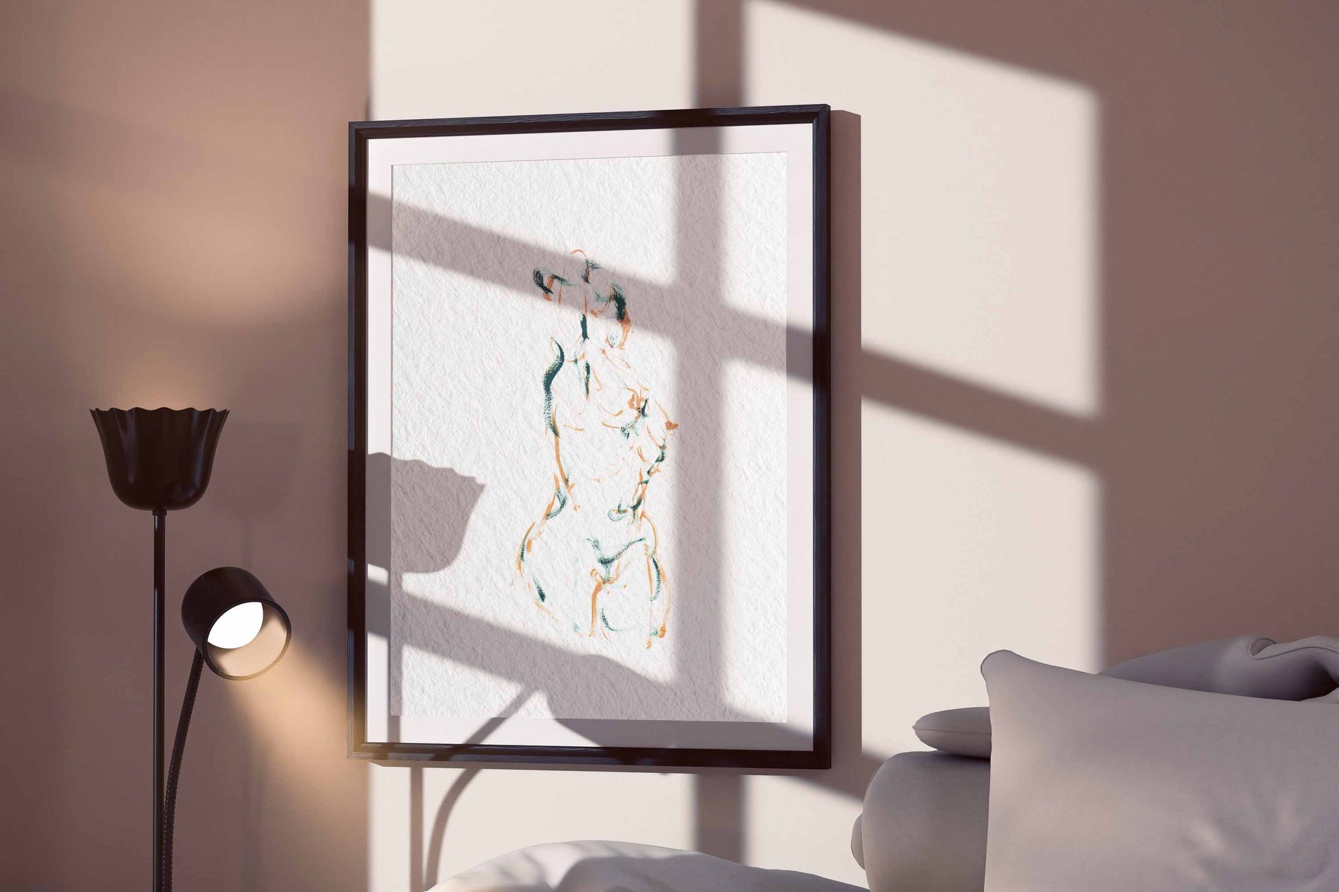 Dancing into Form fine art print by Bogdan Jensen displayed in a framed bedroom mockup with soft window shadows and a loose moving figure drawing