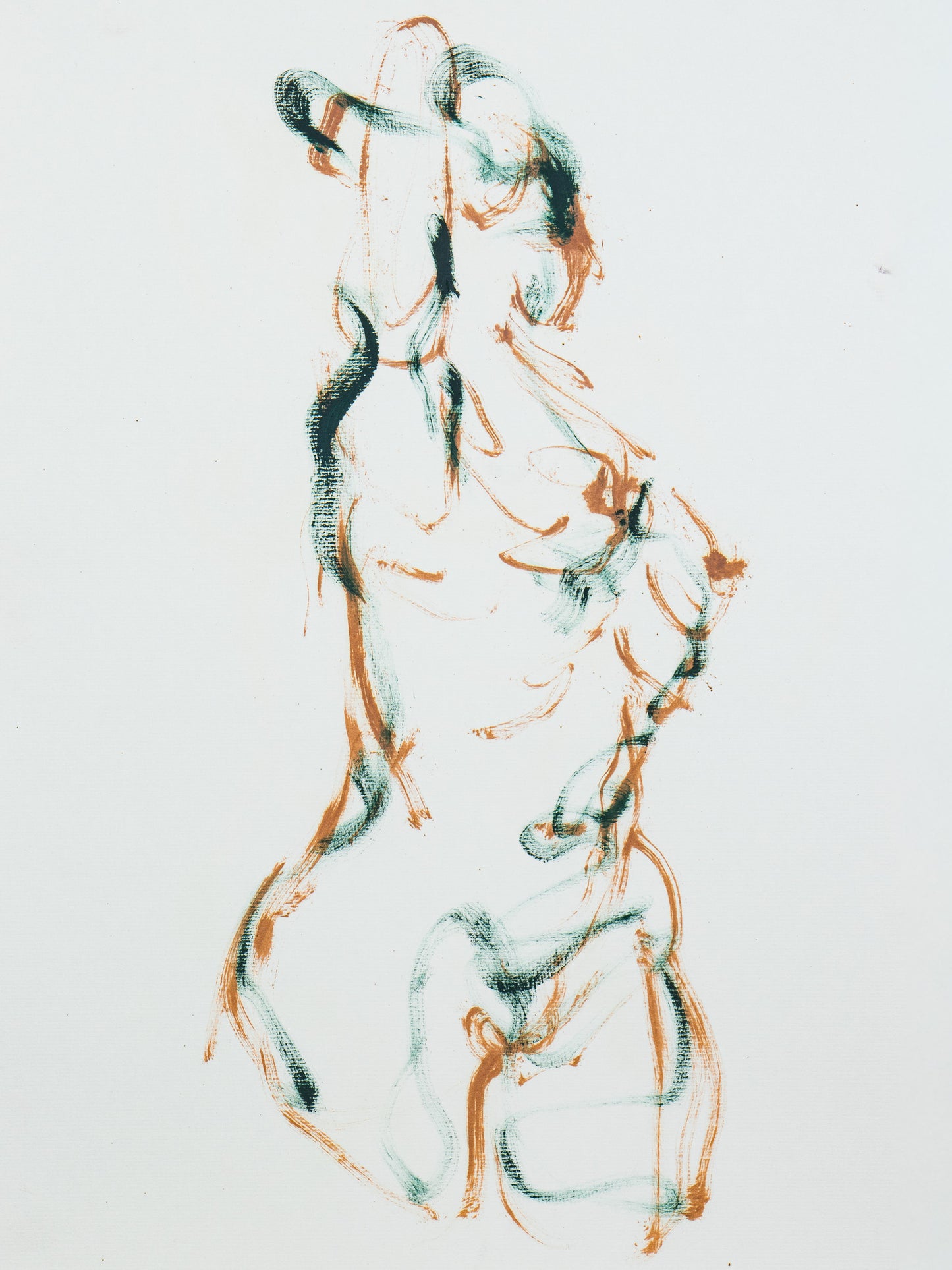 Dancing into Form giclée fine art print by Bogdan Jensen on Hahnemühle German Etching paper, based on a loose figure drawing in brown and blue-green lines