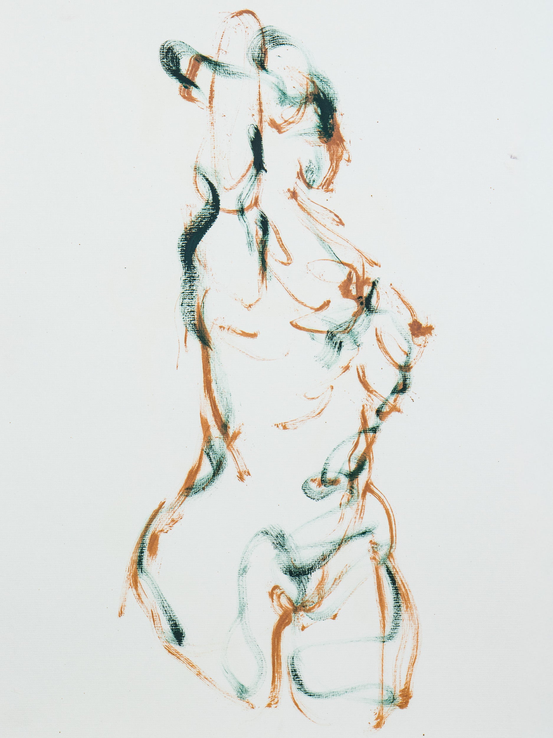 Dancing into Form giclée fine art print by Bogdan Jensen on Hahnemühle German Etching paper, based on a loose figure drawing in brown and blue-green lines