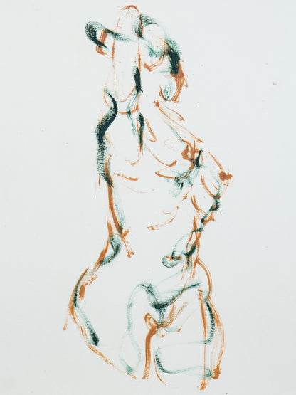 Dancing into Form giclée fine art print by Bogdan Jensen on Hahnemühle German Etching paper, based on a loose figure drawing in brown and blue-green lines