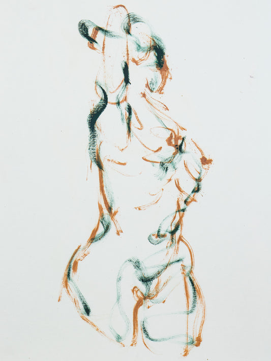 Dancing into Form giclée fine art print by Bogdan Jensen on Hahnemühle German Etching paper, based on a loose figure drawing in brown and blue-green lines