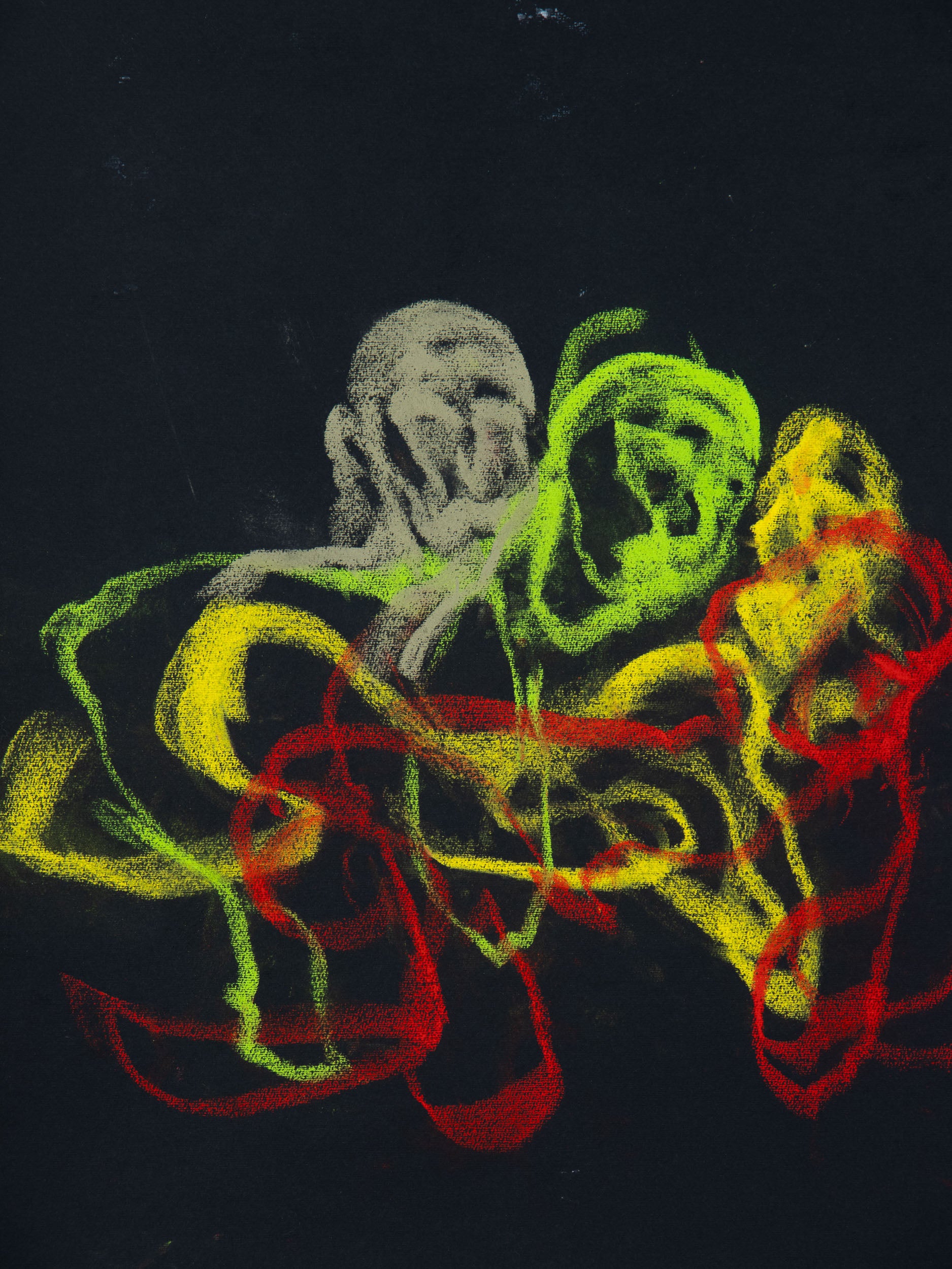Écho IV, 2026 original live drawing by Bogdan Jensen showing a cluster of coloured faces from Berlin