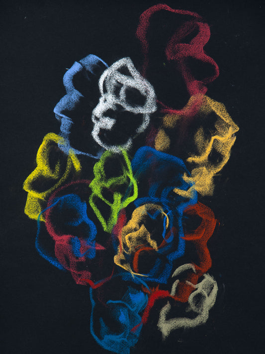 Écho V, 2026 original live portrait drawing by Bogdan Jensen of a bright fragmented face lingering as colour memory and echo