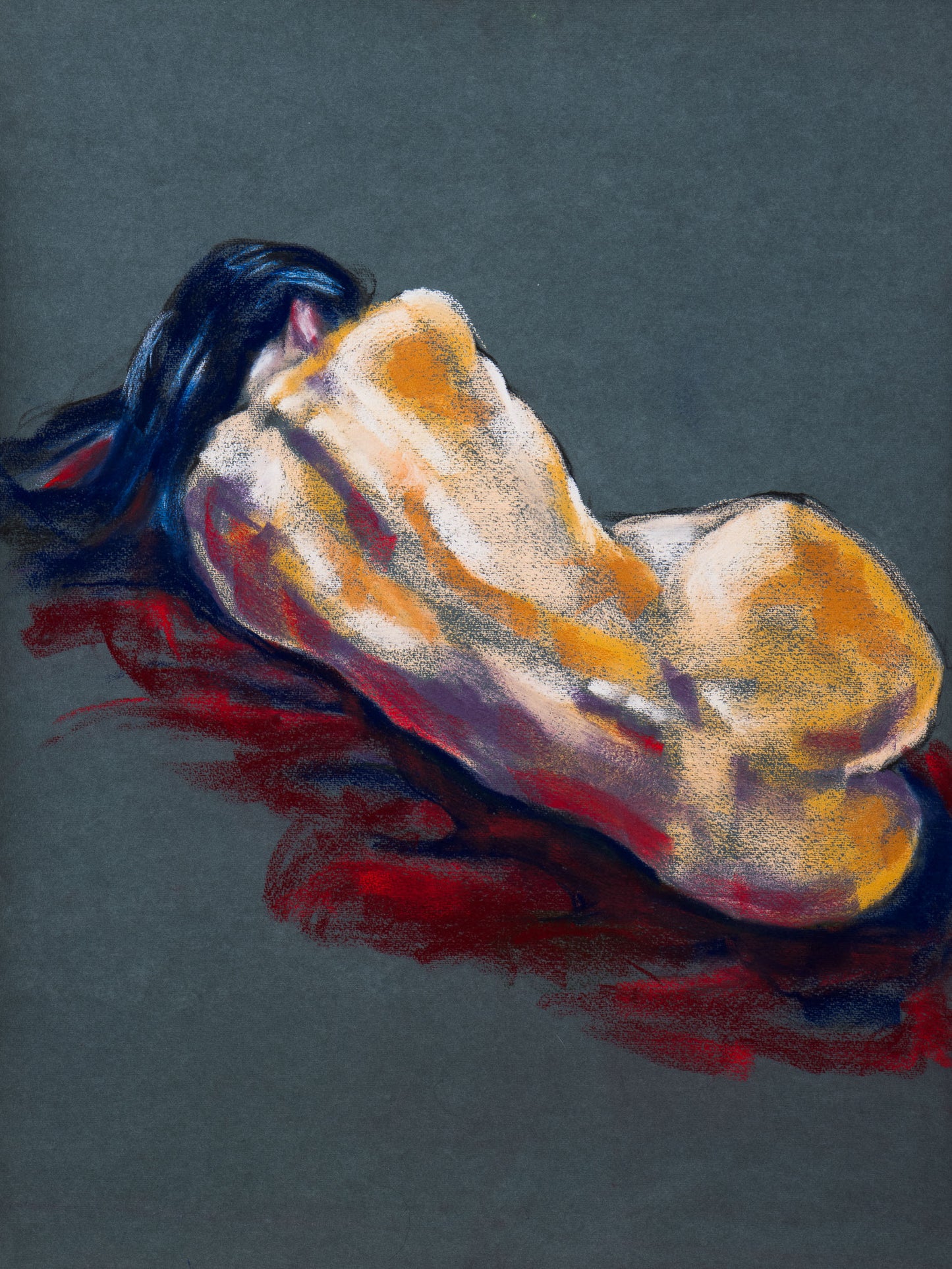 Original pastel drawing of a grounded resting figure in golden, blue, and crimson tones, exploring grace and quiet strength.