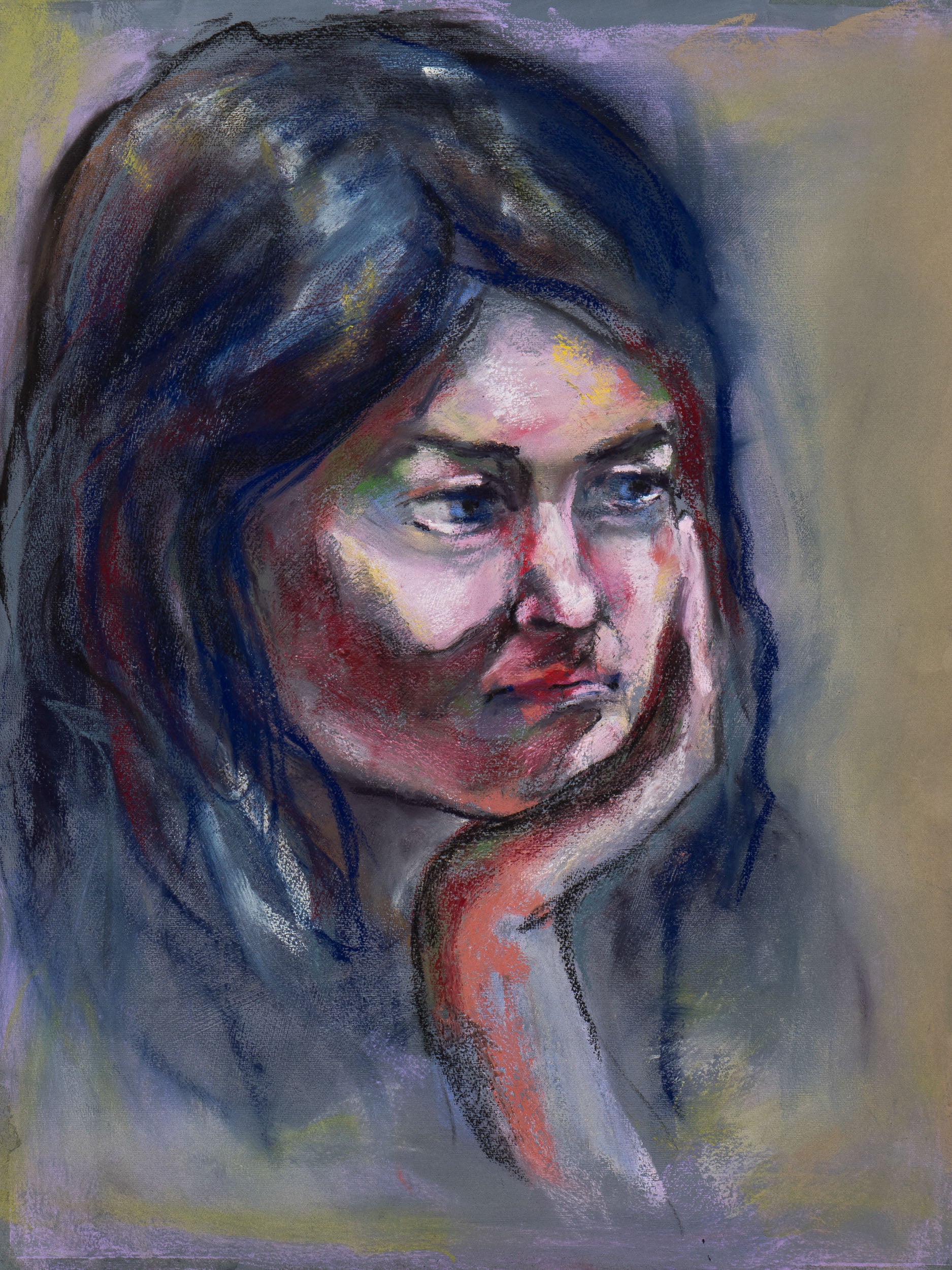 Original pastel portrait of a shadowed gaze on toned cotton paper, exploring introspection, revelation, and emotional presence.