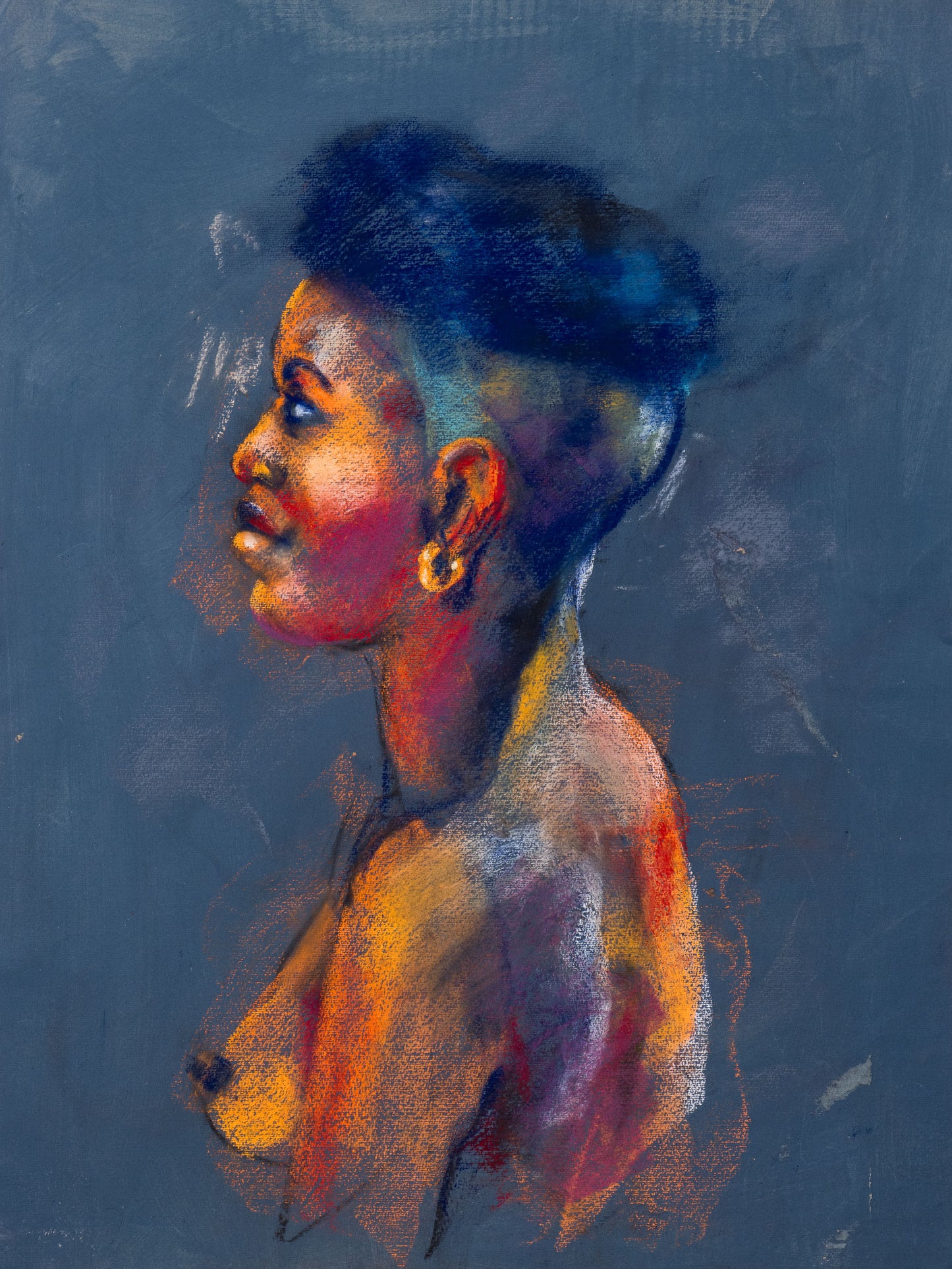 Original pastel drawing of a figure in profile rising from a blue-grey ground, illuminated by amber, violet, and gold tones.