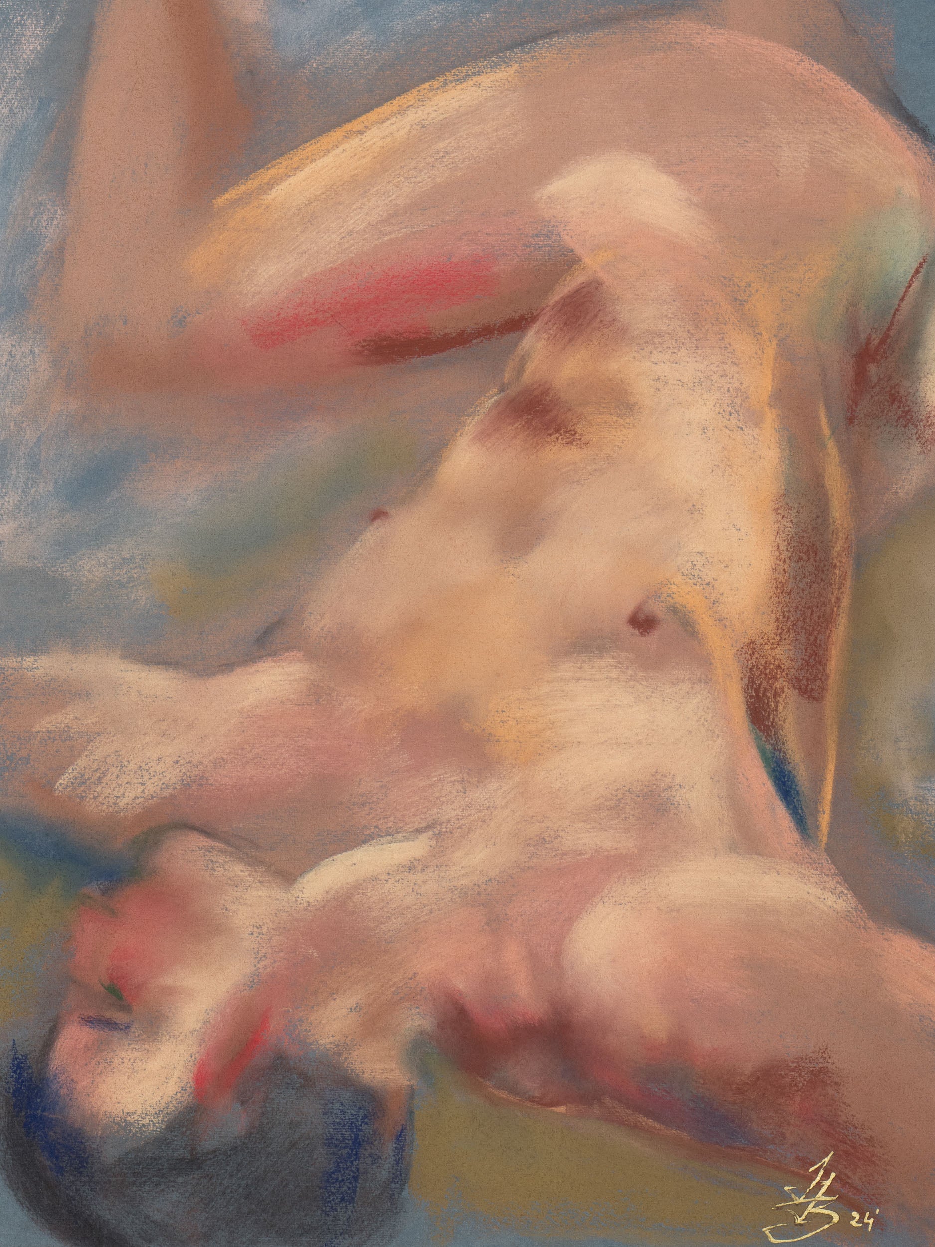 Original pastel drawing of a figure softening into light and shadow on toned cotton paper, exploring surrender and stillness.