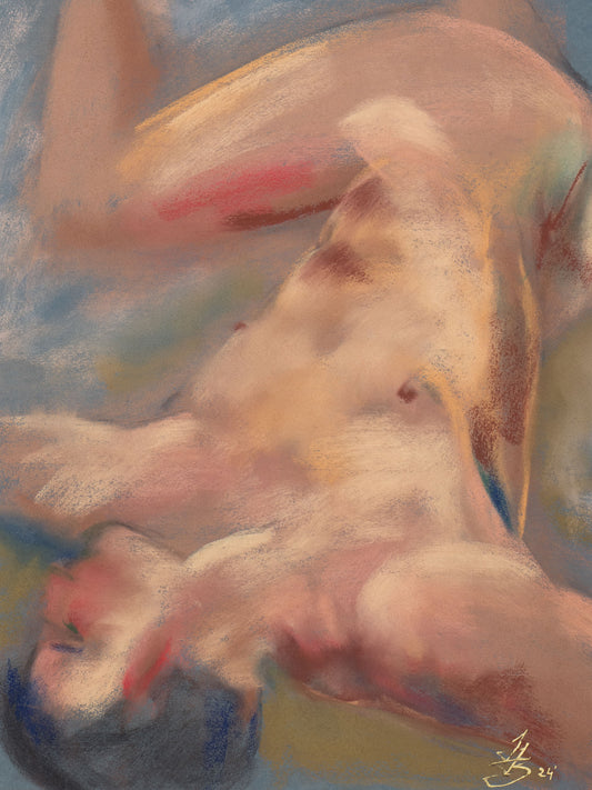 Original pastel drawing of a figure softening into light and shadow on toned cotton paper, exploring surrender and stillness.