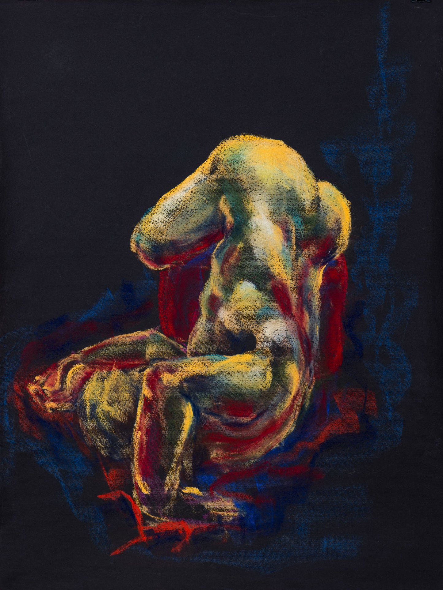 Original pastel drawing of a figure emerging from black paper with yellow, blue, and red tones, exploring vulnerability and transformation.