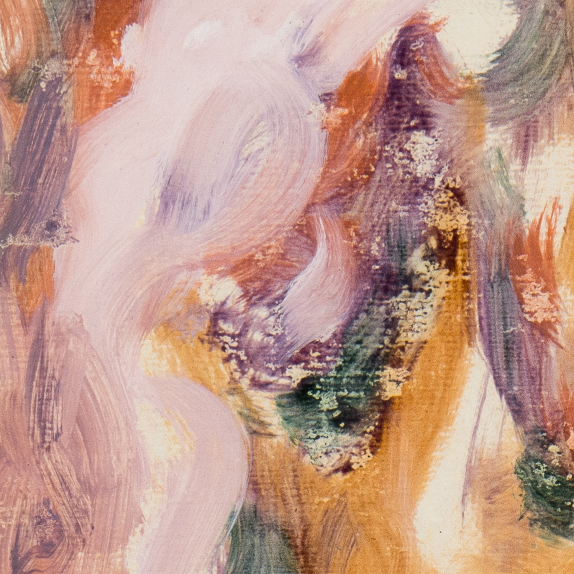Close-up of Felt through Gold fine art print by Bogdan Jensen showing painterly texture, lilac and rose brushwork, and the warm golden ground around the seated figure