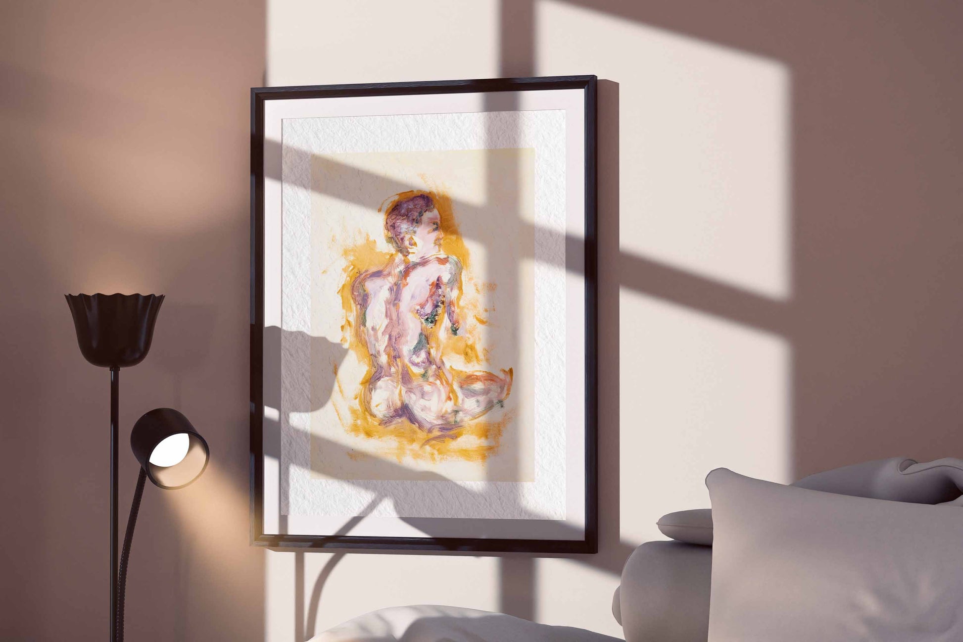Felt through Gold fine art print by Bogdan Jensen displayed in a framed bedroom mockup with soft window shadows and a seated figure painting in warm gold and lilac tones