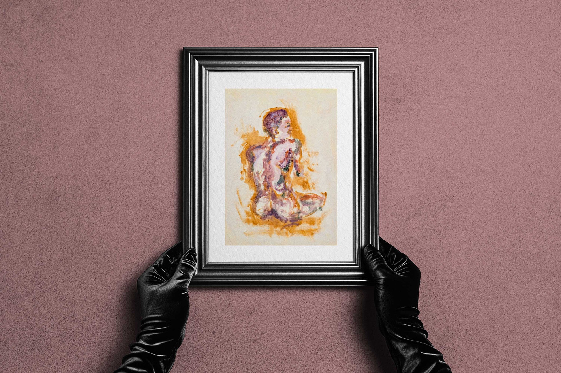 Framed Felt through Gold fine art print by Bogdan Jensen held by hands, showing the seated figure painting in a dark frame