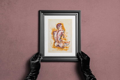 Framed Felt through Gold fine art print by Bogdan Jensen held by hands, showing the seated figure painting in a dark frame