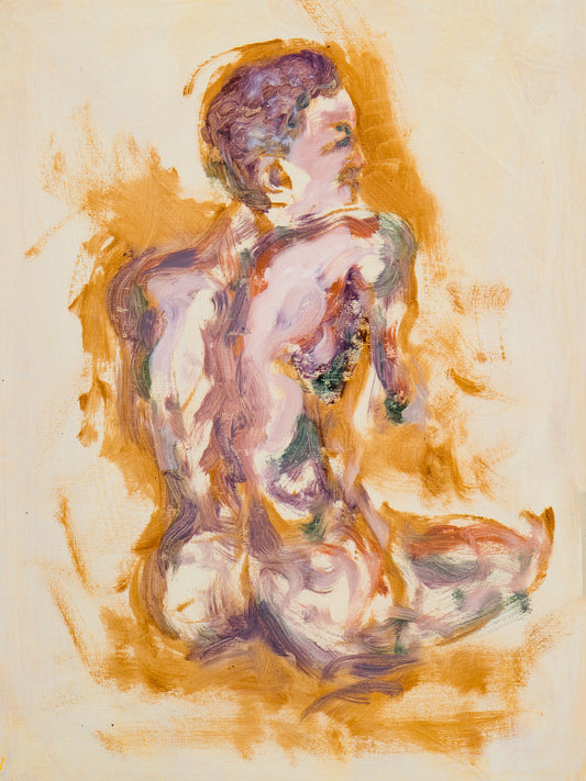 Felt through Gold giclée fine art print by Bogdan Jensen on Hahnemühle German Etching paper, based on a seated figure painting in lilac and gold tones