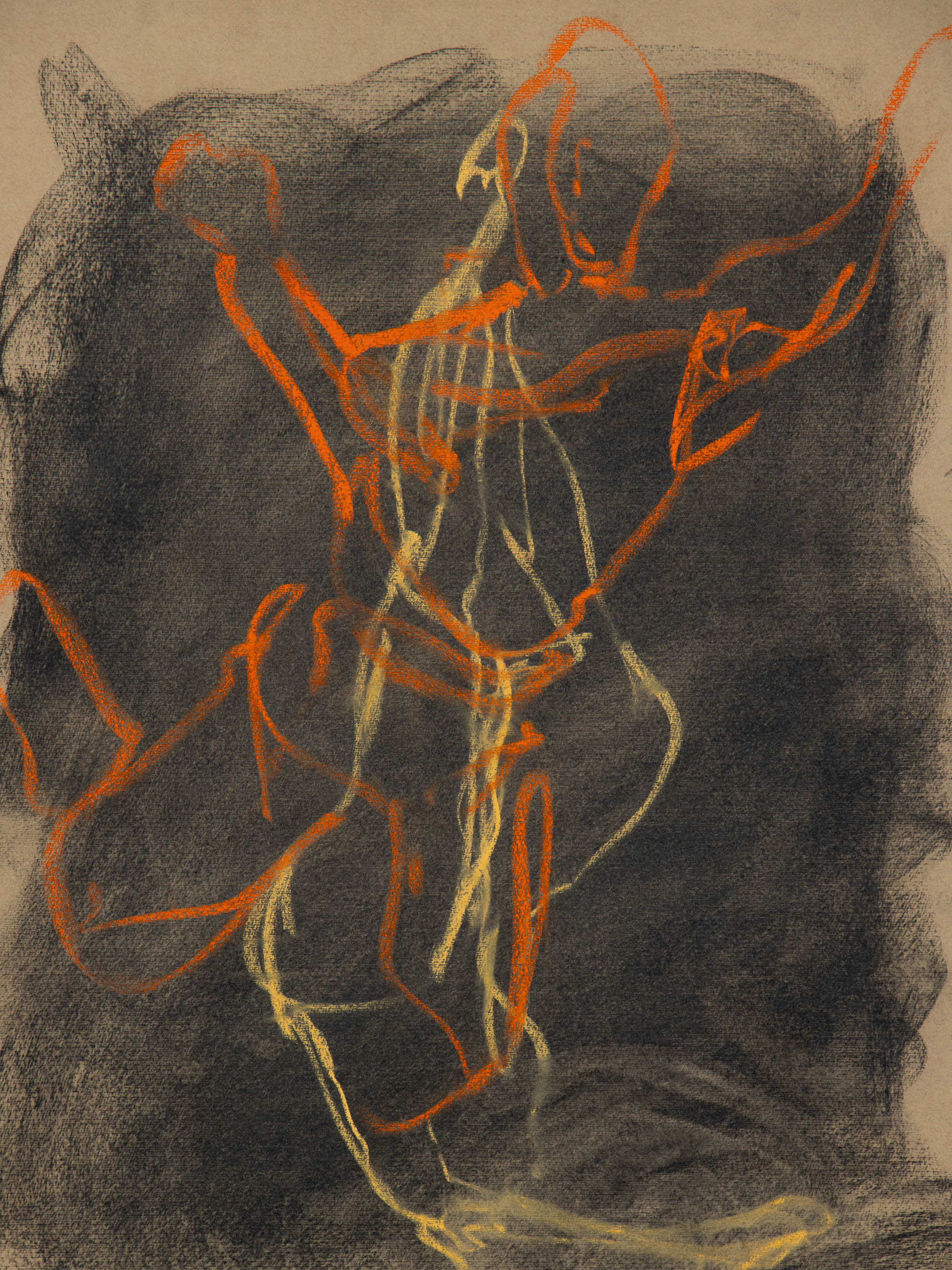 Figure I, 2026 original live figure study by Bogdan Jensen with orange lines and charcoal shadow