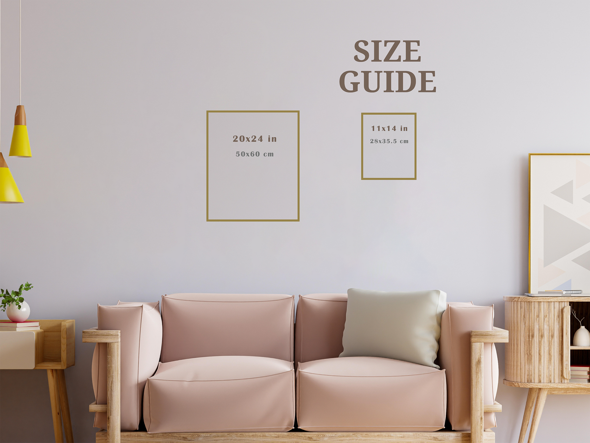 Size guide for fine art print by Bogdan Jensen showing available print dimensions above a sofa for scale