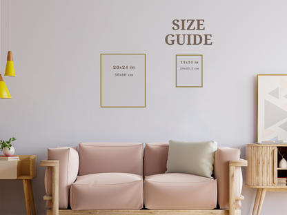 Size guide for fine art print by Bogdan Jensen showing available print dimensions above a sofa for scale