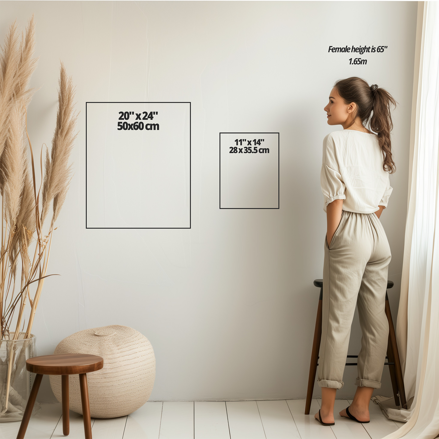 Size guide for fine art print by Bogdan Jensen showing available print dimensions on a wall with human scale