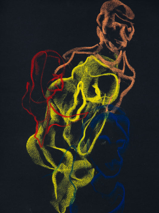 Fugue II, 2026 original live drawing by Bogdan Jensen of overlapping gestures where the body becomes rhythm and colour