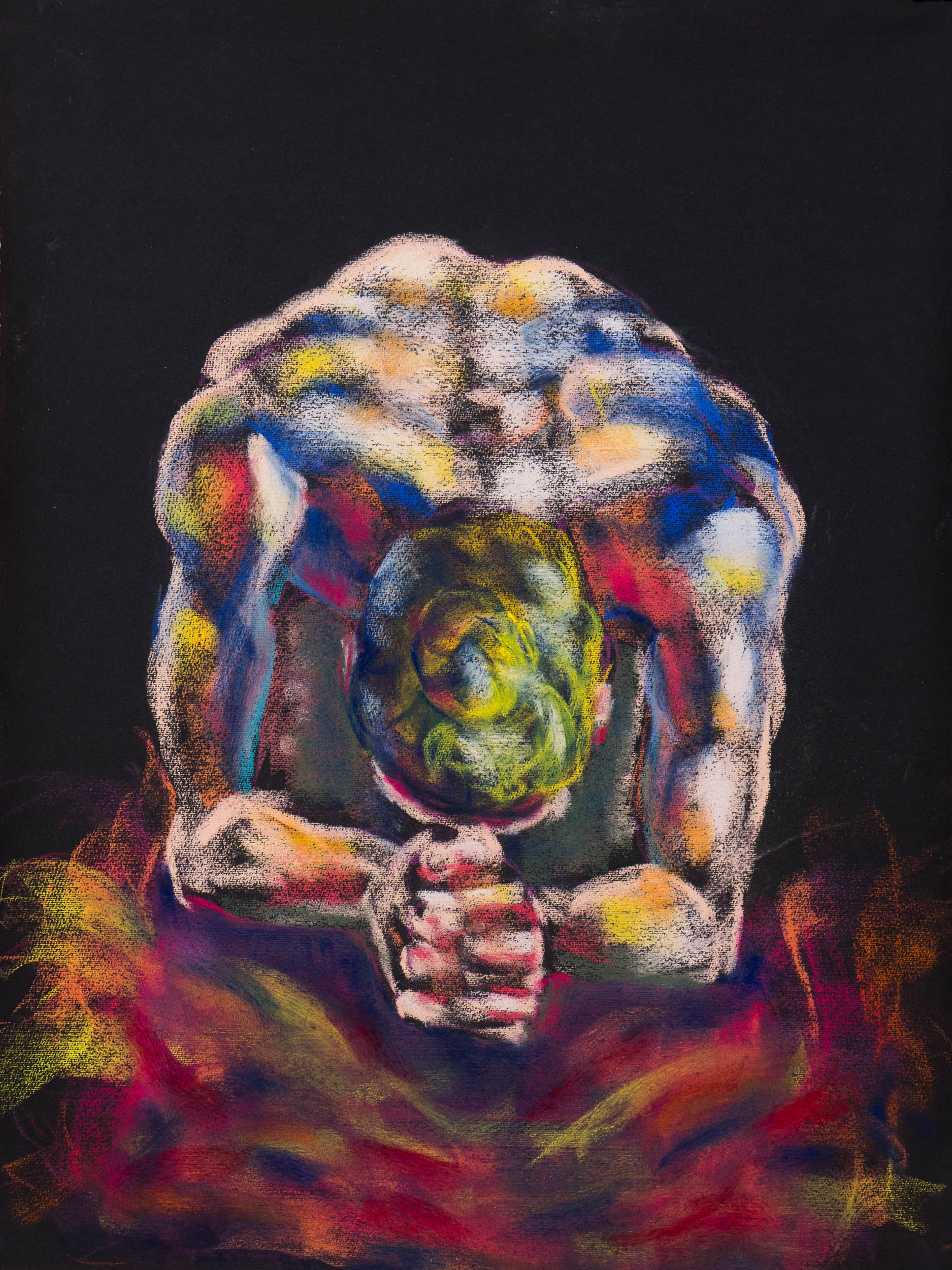 original figurative pastel drawing male figure bowed head black paper emotional artwork
