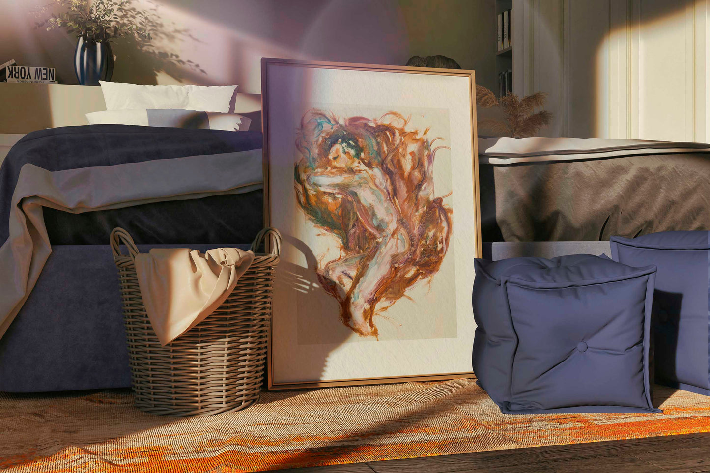 Held by Fire fine art print by Bogdan Jensen displayed on a bedroom floor, showing the reclining figure painting in a relaxed interior setting