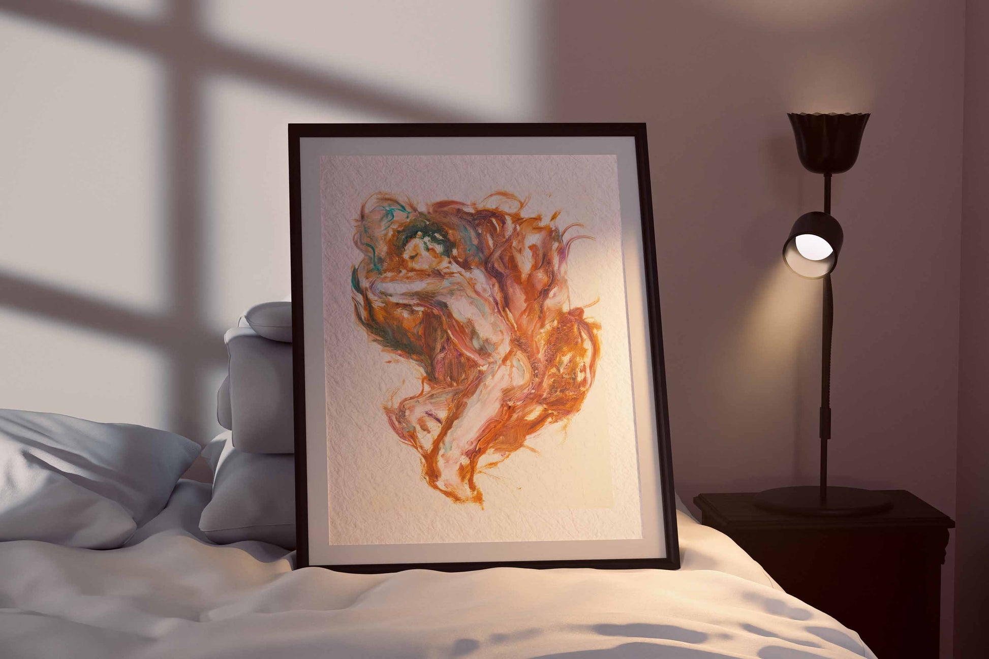 Held by Fire fine art print by Bogdan Jensen shown framed beside a bed, with the figure rendered through copper, rose, violet, and green brushwork