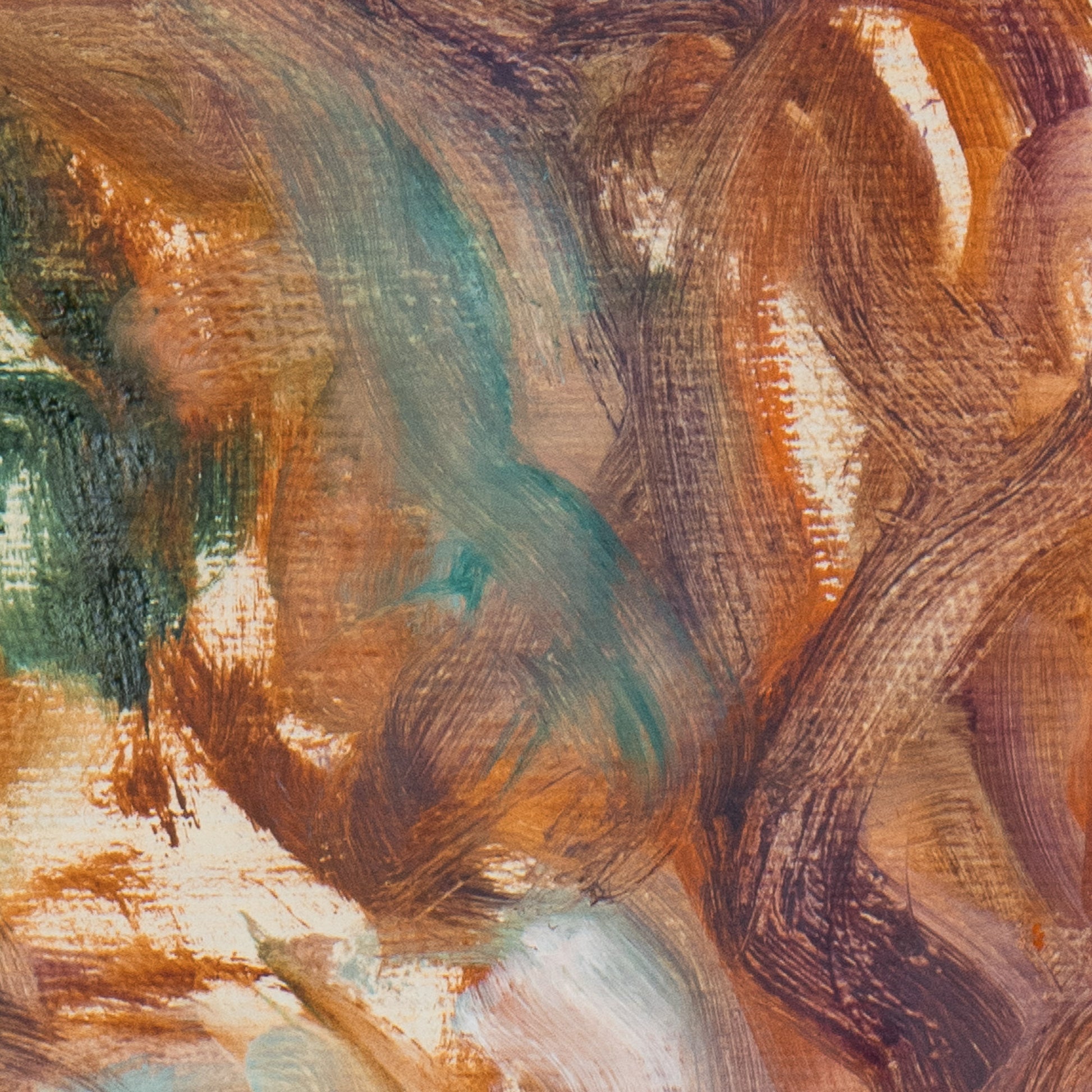 Close-up of Held by Fire fine art print by Bogdan Jensen showing painterly texture, copper and rose brushwork, and the reclining figure emerging through layered marks
