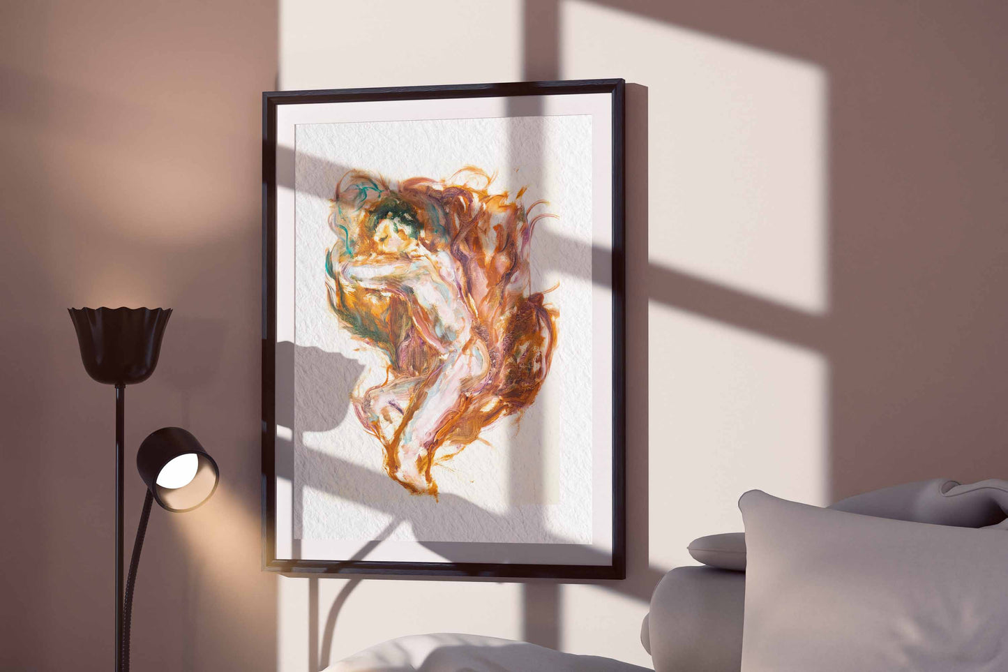 Held by Fire fine art print by Bogdan Jensen displayed in a framed bedroom mockup with soft window shadows and a reclining figure painting in warm copper and rose tones