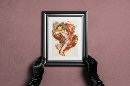 Framed Held by Fire fine art print by Bogdan Jensen held by hands, showing the reclining figure painting in a dark frame