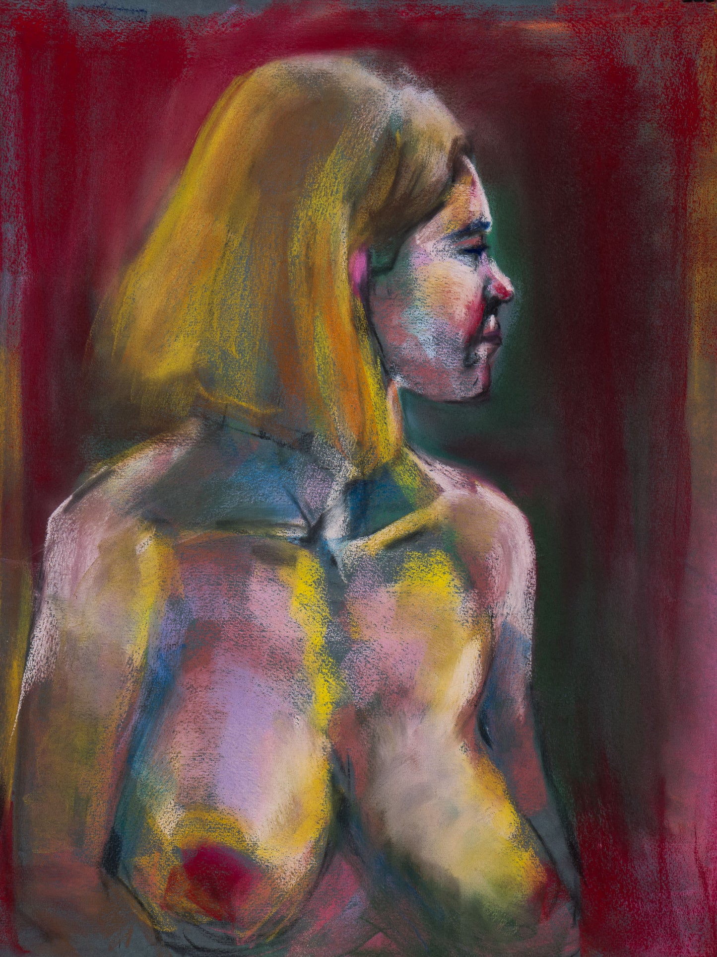 Original pastel drawing of a figure in profile against a deep red ground, exploring tenderness, strength, and quiet presence.