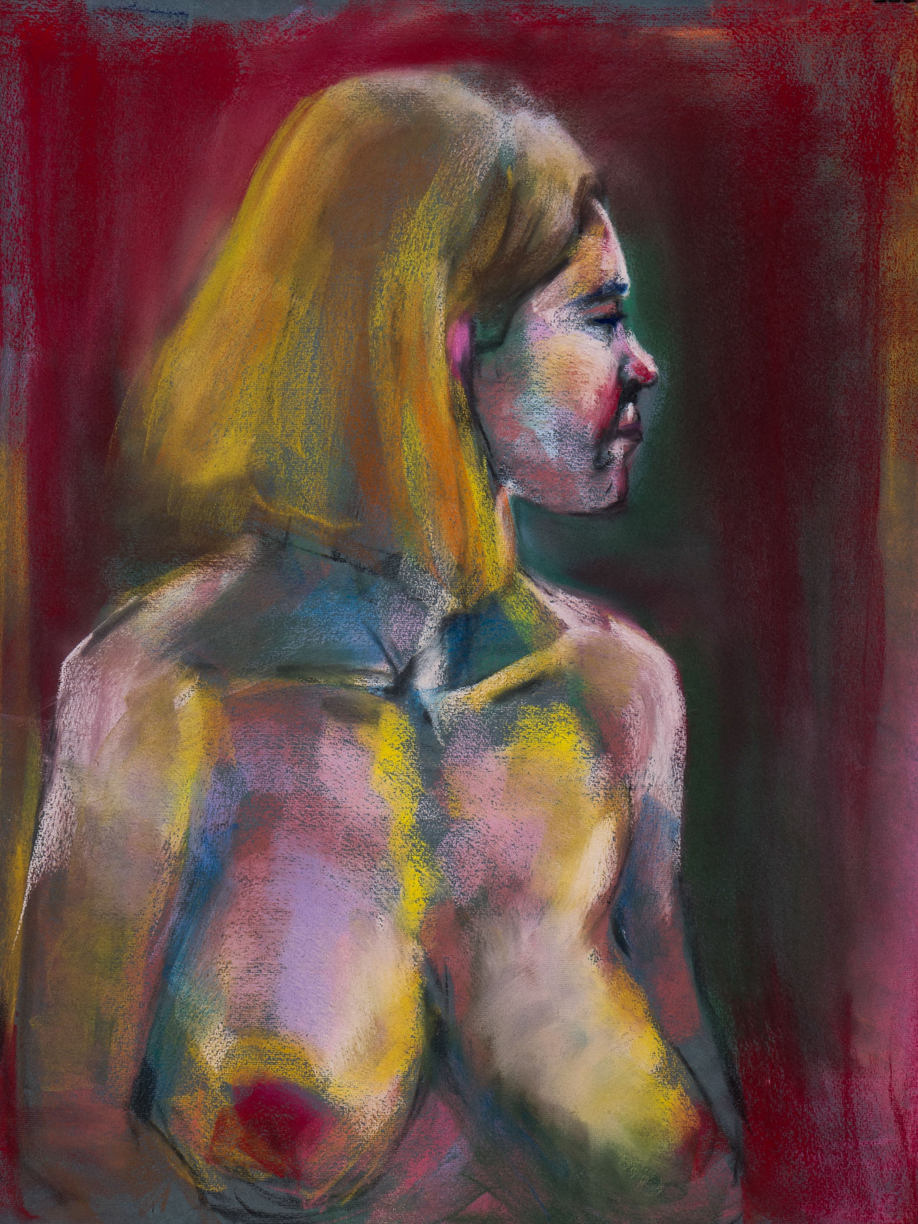 Original pastel drawing of a figure in profile against a deep red ground, exploring tenderness, strength, and quiet presence.