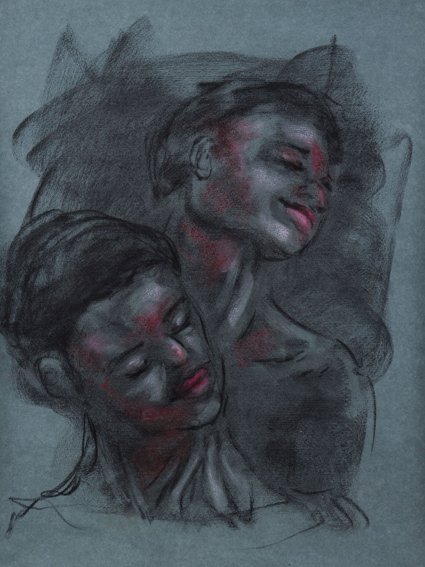 Original charcoal and pastel drawing of a dancer shifting between movement and rest on toned cotton paper.
