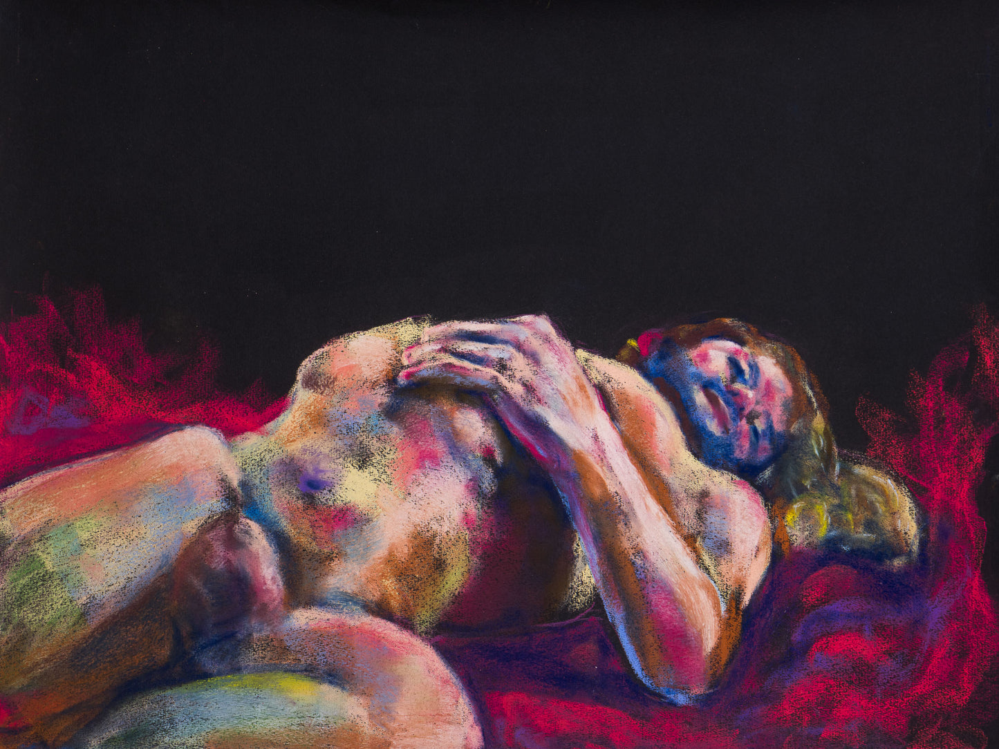 Original pastel drawing of a reclining male figure against crimson fabric on black paper, exploring heat, surrender, and stillness.