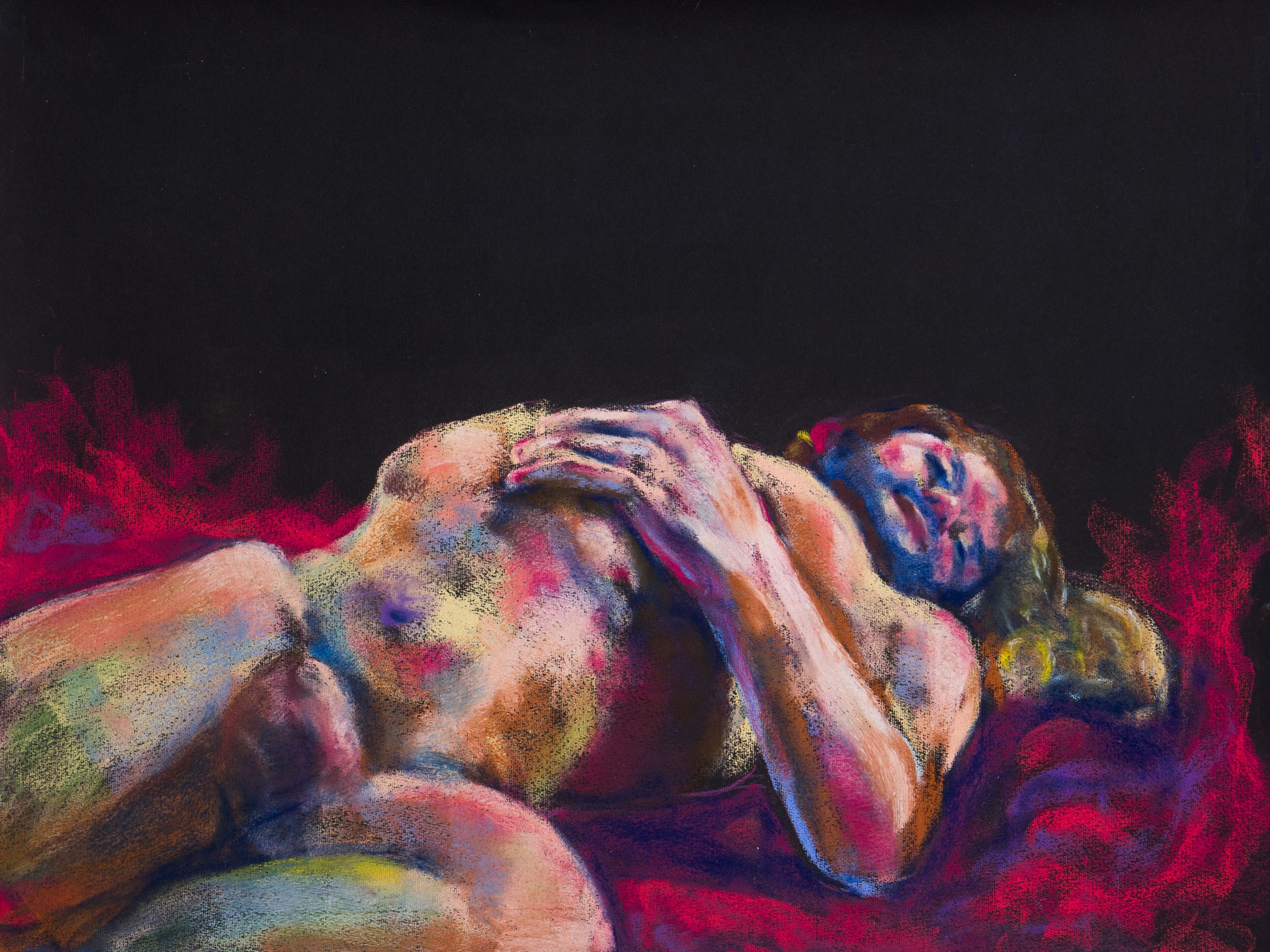 Original pastel drawing of a reclining male figure against crimson fabric on black paper, exploring heat, surrender, and stillness.