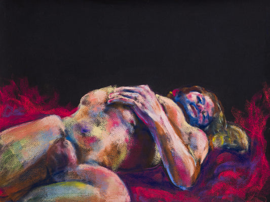Original pastel drawing of a reclining male figure against crimson fabric on black paper, exploring heat, surrender, and stillness.