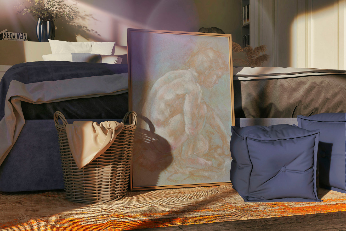 Inner Stillness fine art print by Bogdan Jensen displayed on a bedroom floor, showing the soft pastel crouched figure in a relaxed interior setting