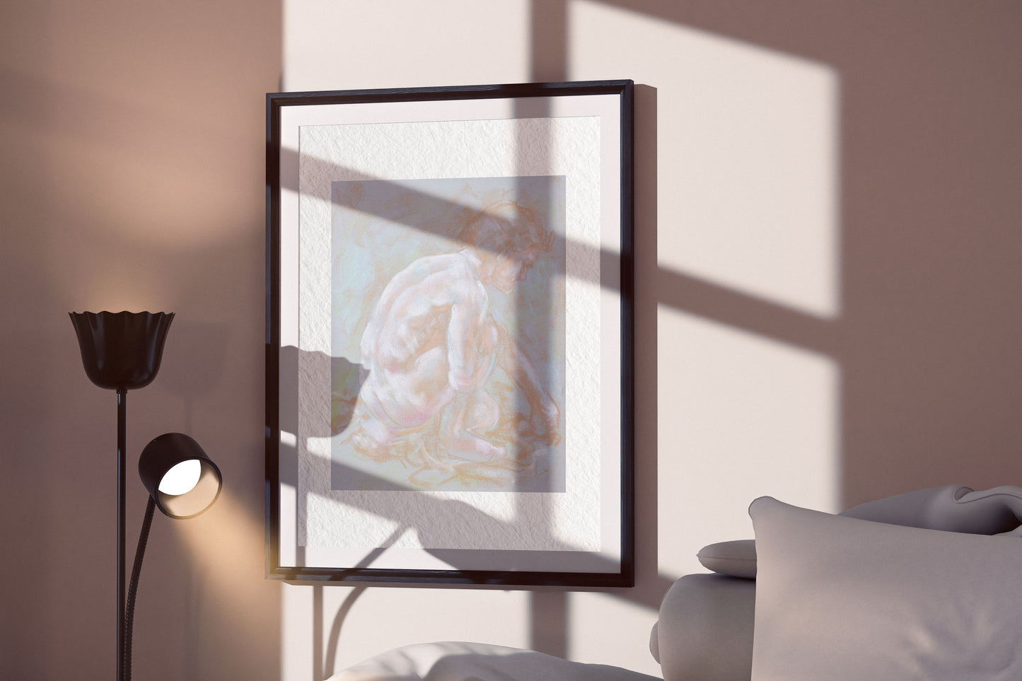Inner Stillness fine art print by Bogdan Jensen displayed in a framed bedroom mockup with soft window shadows and a crouched figure study