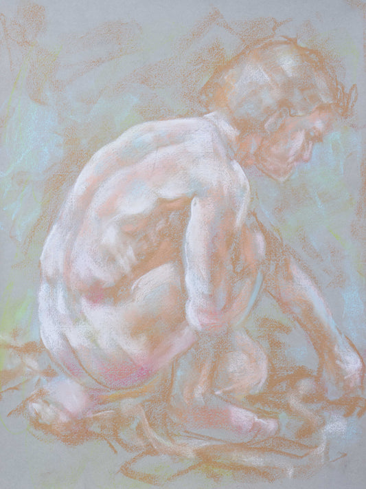 Inner Stillness giclée fine art print by Bogdan Jensen on Hahnemühle German Etching paper, based on a soft pastel life drawing of a crouched figure